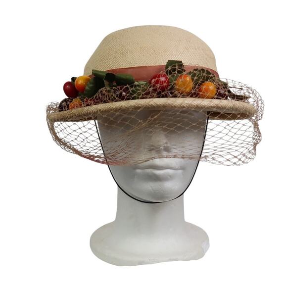 Vintage 50s Eva Mae Genuine Panama Straw Hat Fruit Net Veil main image 7
